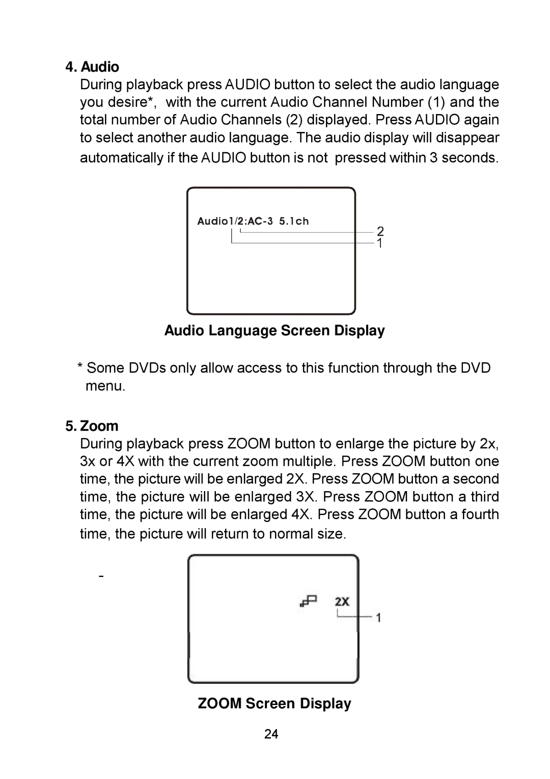 Audiovox D1809PK manual Audio Language Screen Display, Zoom Screen Display 