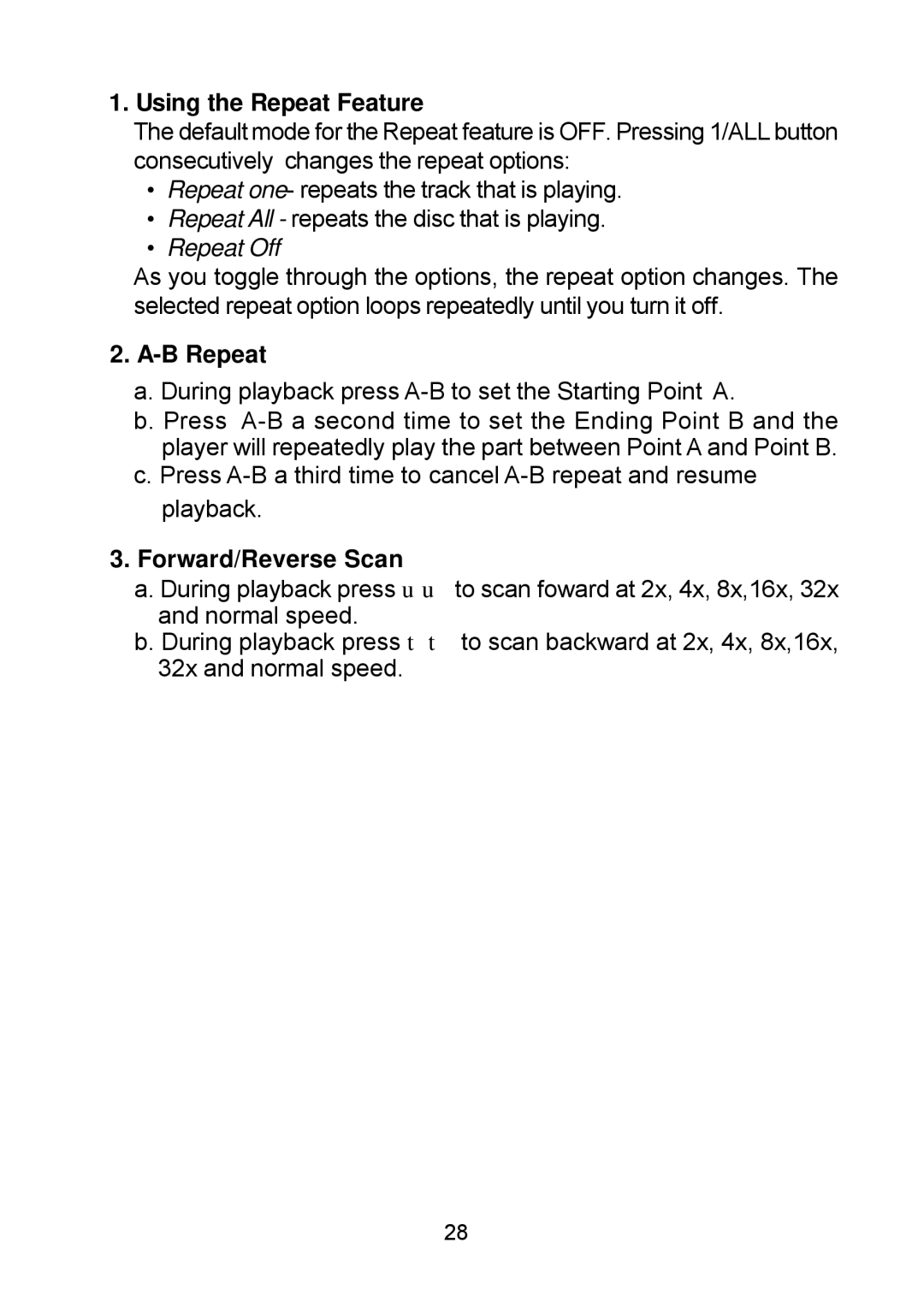 Audiovox D1809PK manual Using the Repeat Feature, Repeat Off 