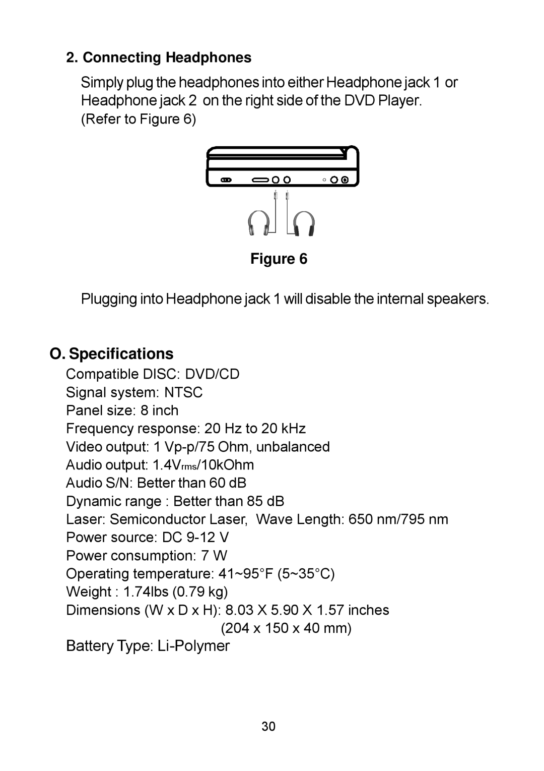 Audiovox D1809PK manual Specifications, Connecting Headphones 