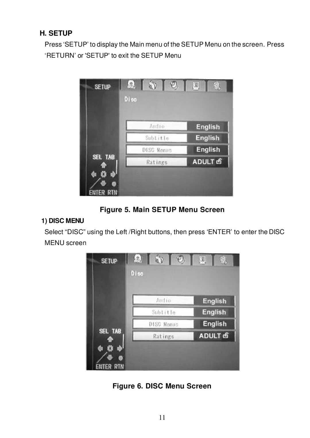 Audiovox D1810 manual Setup, Disc Menu 