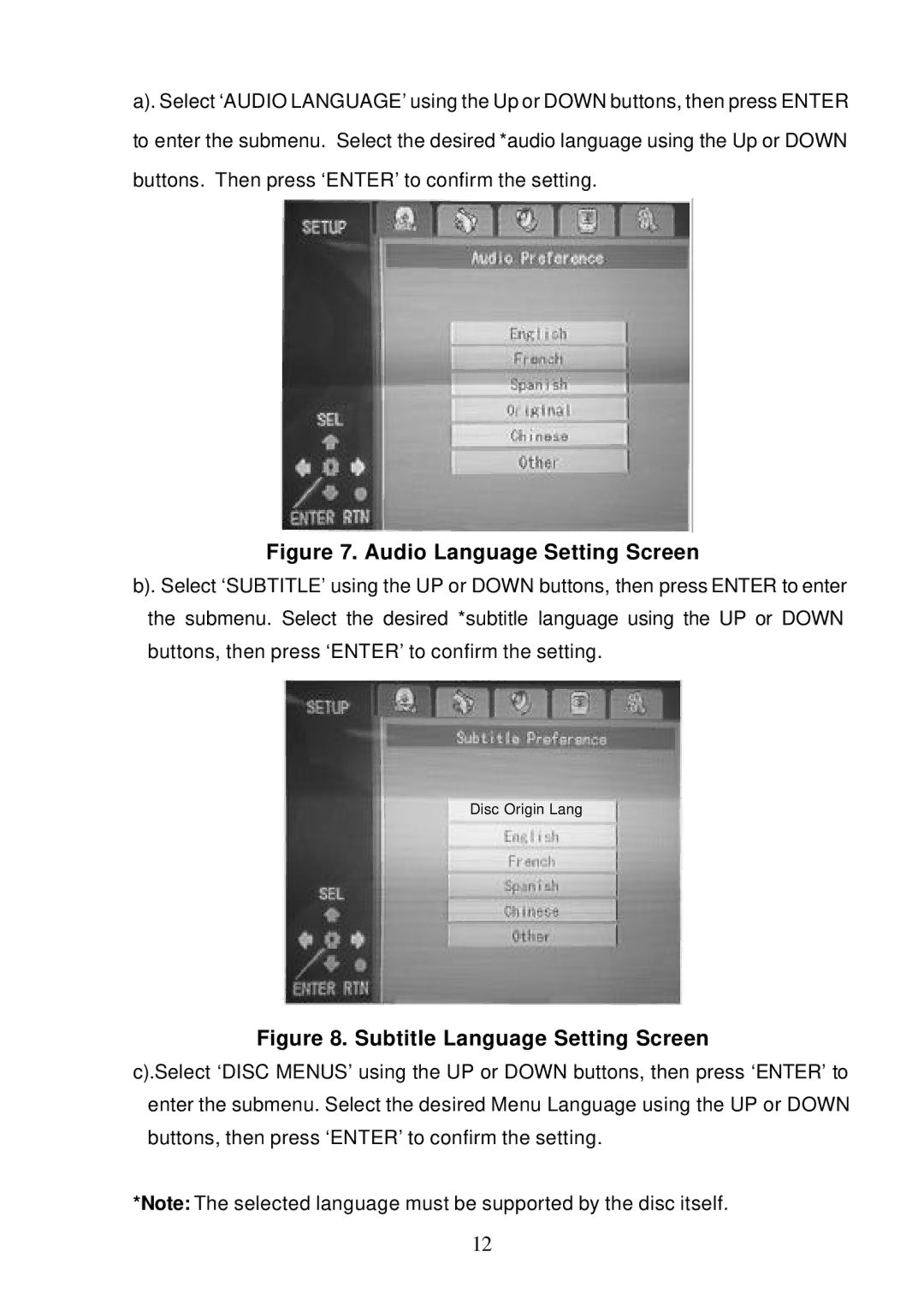 Audiovox D1810 manual Audio Language Setting Screen 