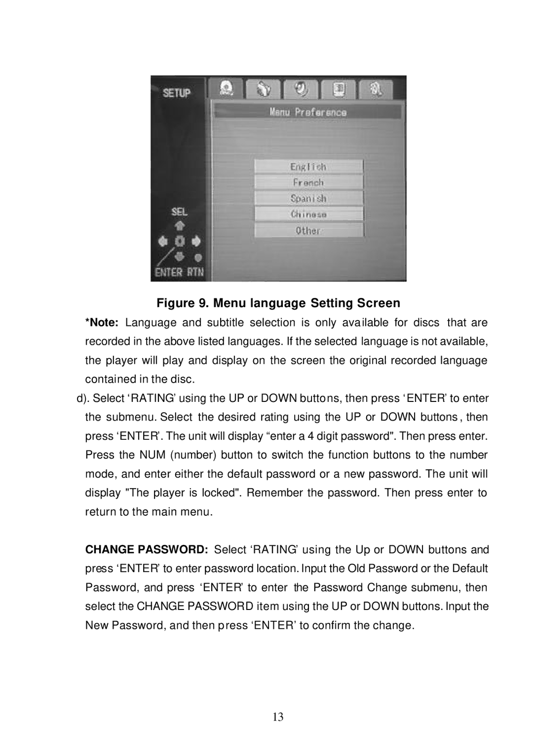 Audiovox D1810 manual Menu language Setting Screen 