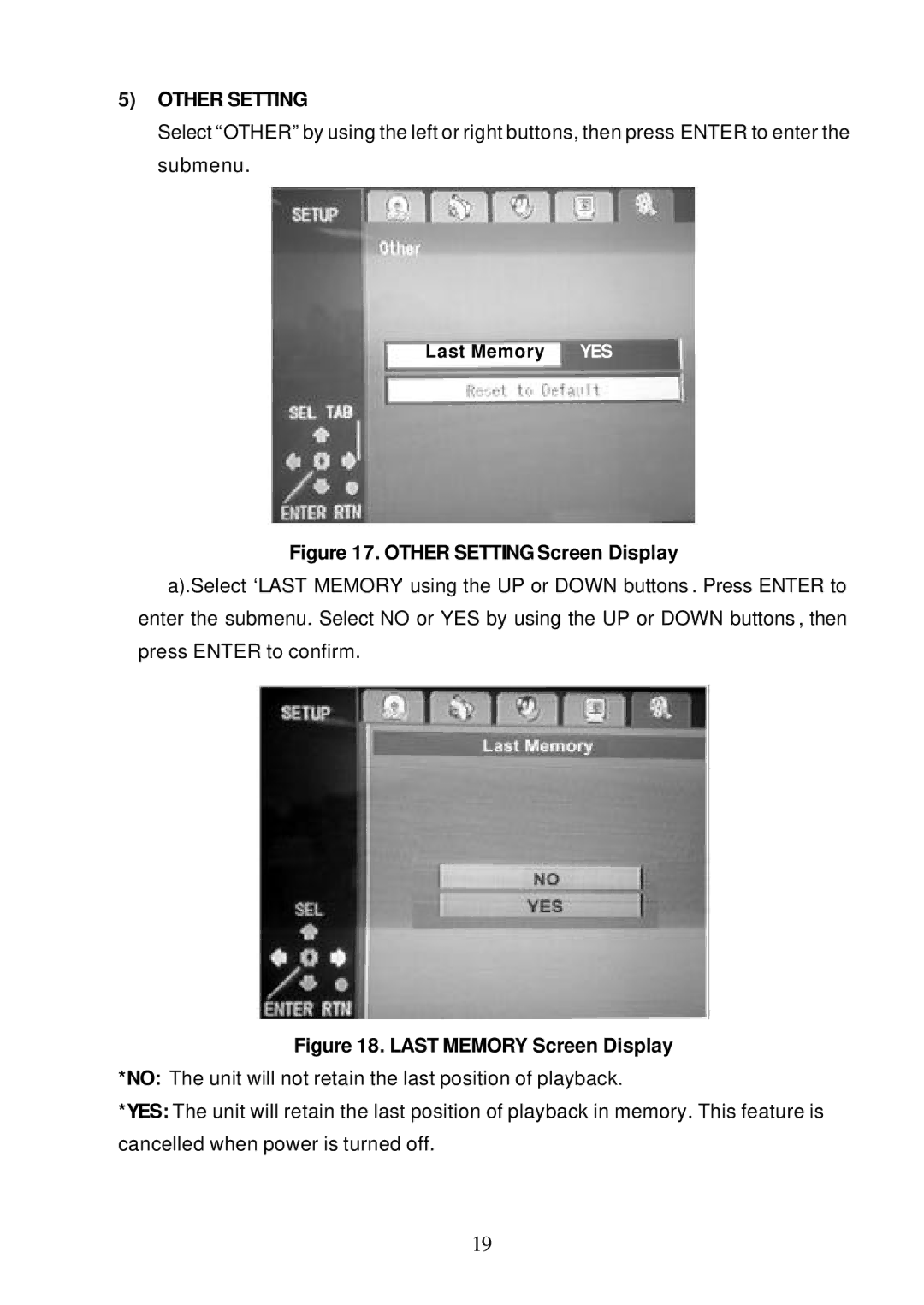 Audiovox D1810 manual Other Setting Screen Display 