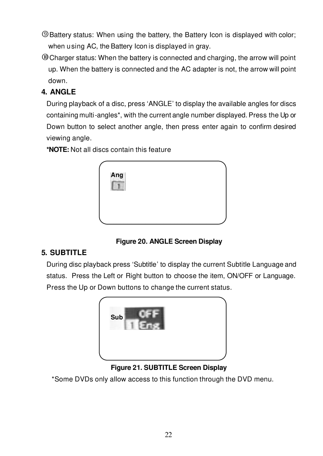 Audiovox D1810 manual Angle, Subtitle 