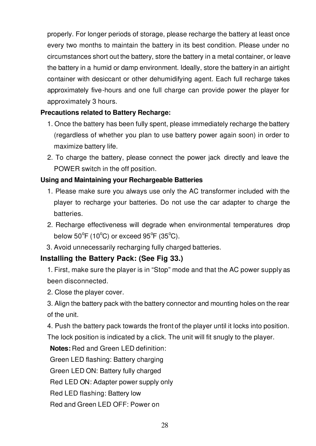 Audiovox D1810 manual Installing the Battery Pack See Fig, Precautions related to Battery Recharge 