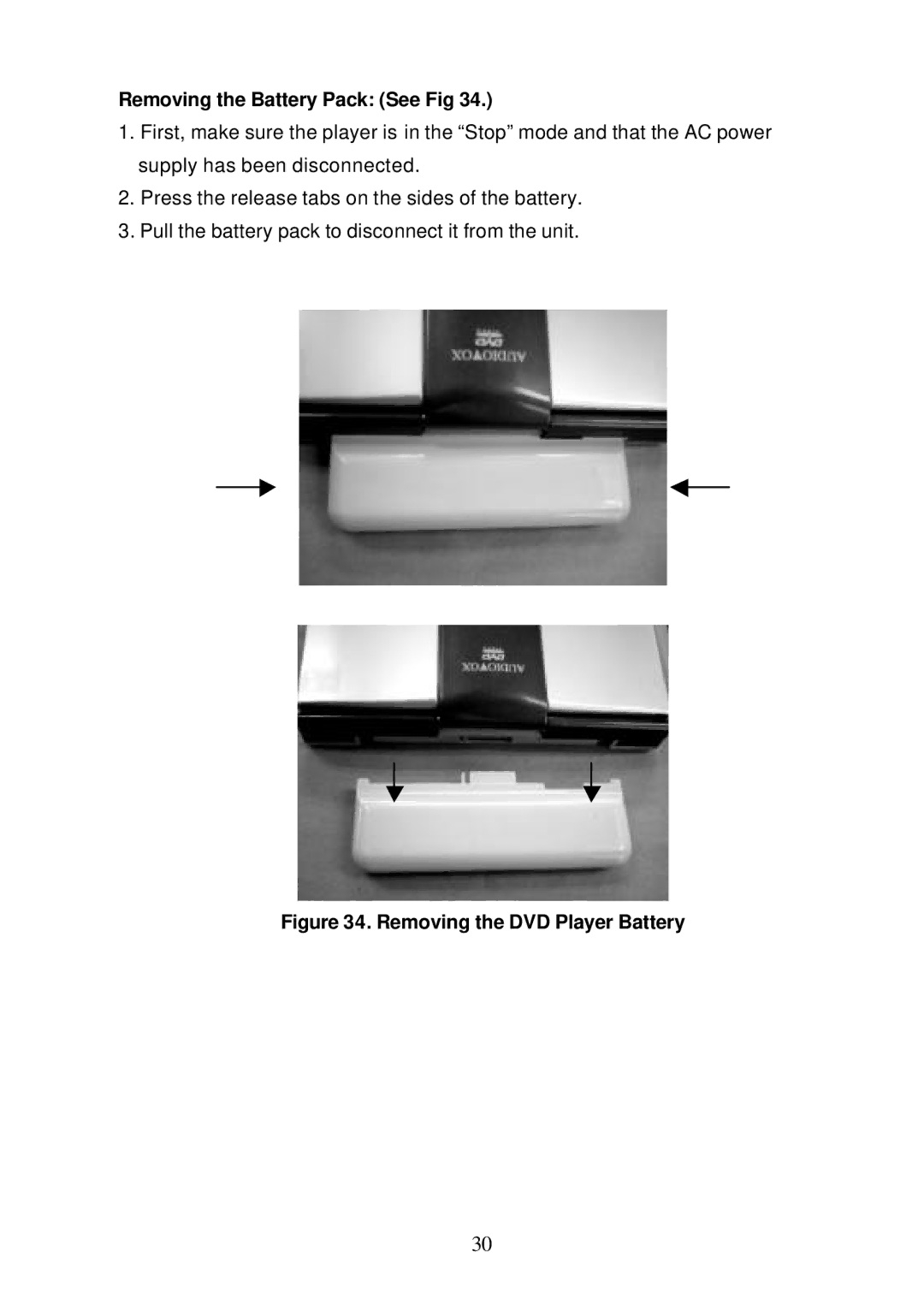 Audiovox D1810 manual Removing the Battery Pack See Fig, Removing the DVD Player Battery 