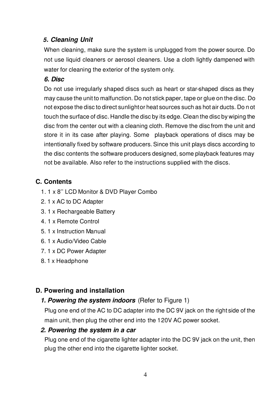 Audiovox D1810 manual Contents, Powering and installation 