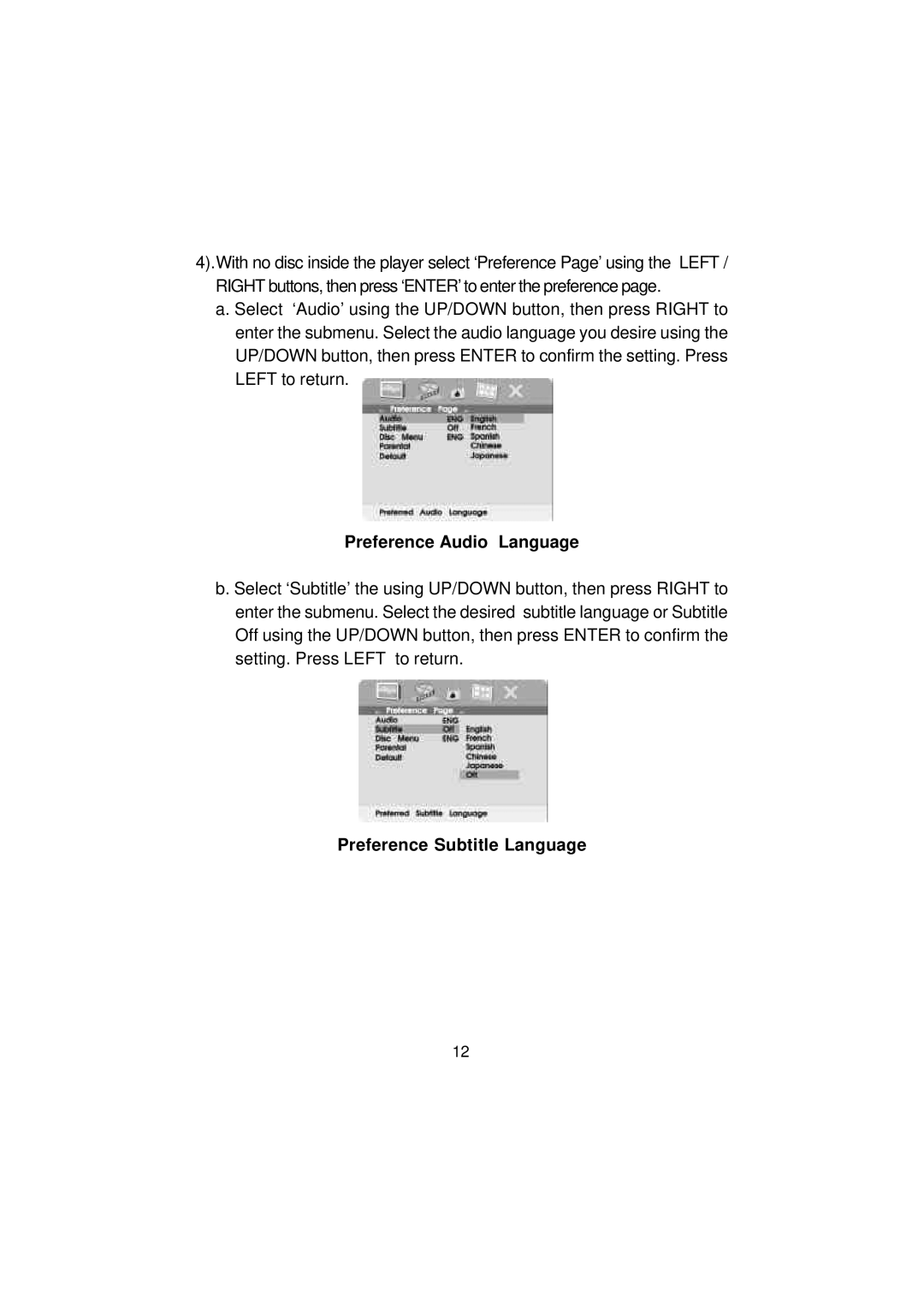 Audiovox D1812 manual Preference Audio Language, Preference Subtitle Language 