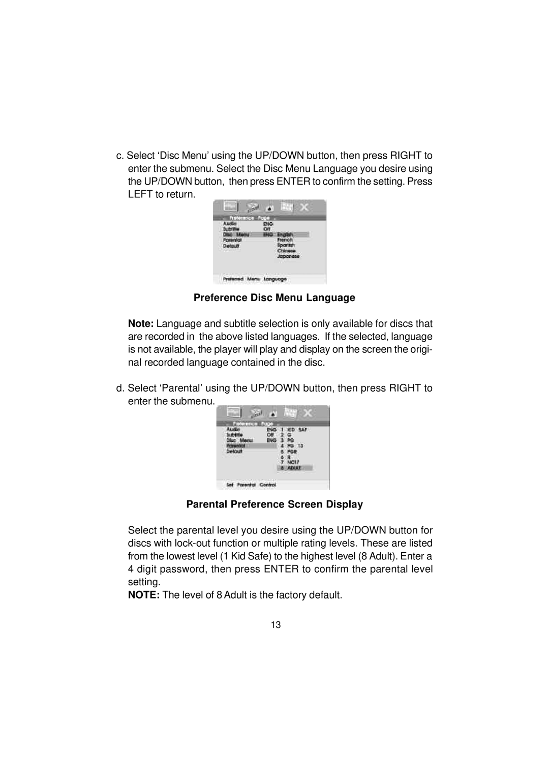 Audiovox D1812 manual Preference Disc Menu Language, Parental Preference Screen Display 