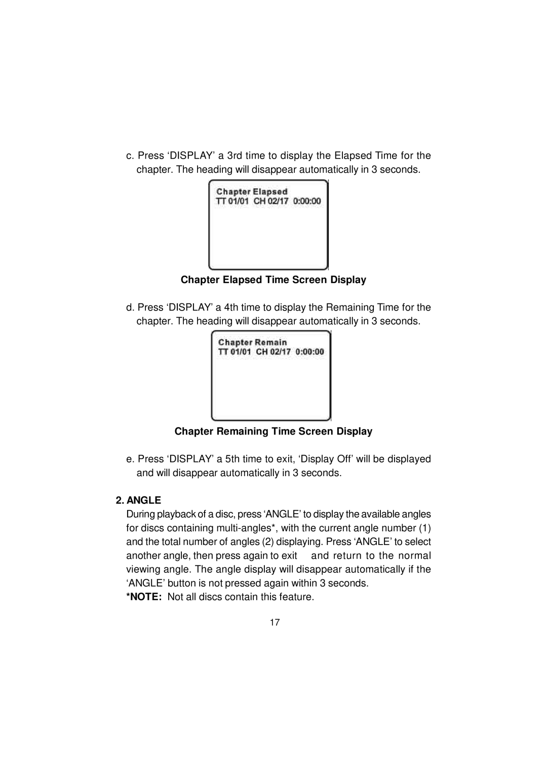 Audiovox D1812 manual Chapter Elapsed Time Screen Display, Chapter Remaining Time Screen Display, Angle 