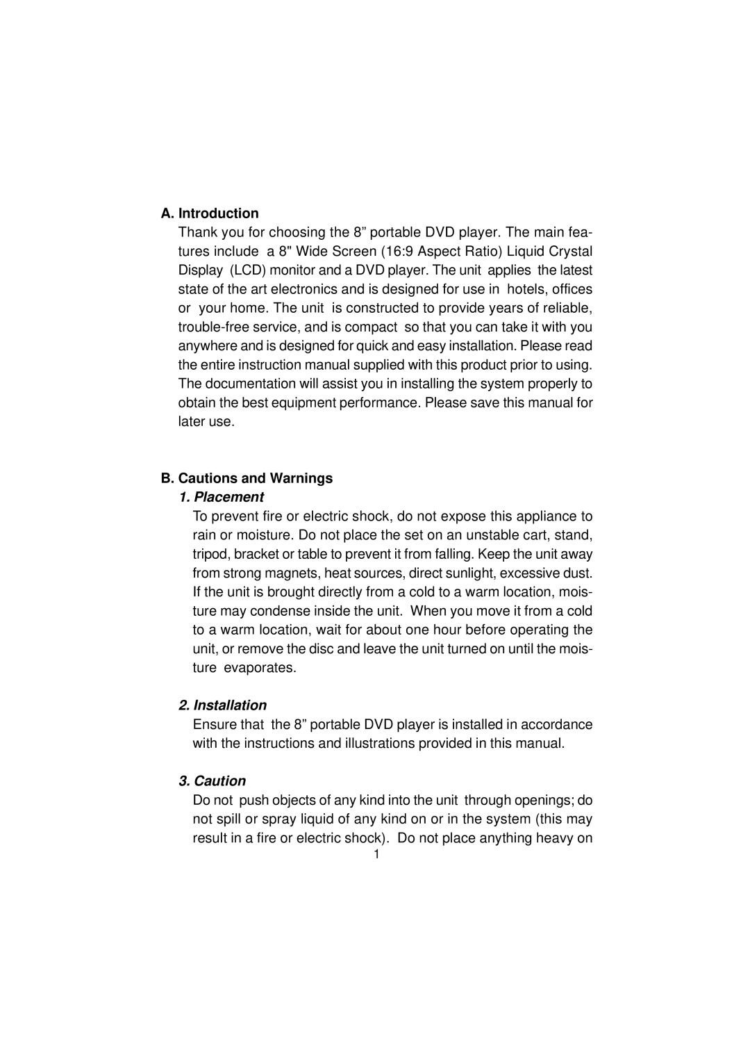 Audiovox D1812 manual Introduction, Placement 