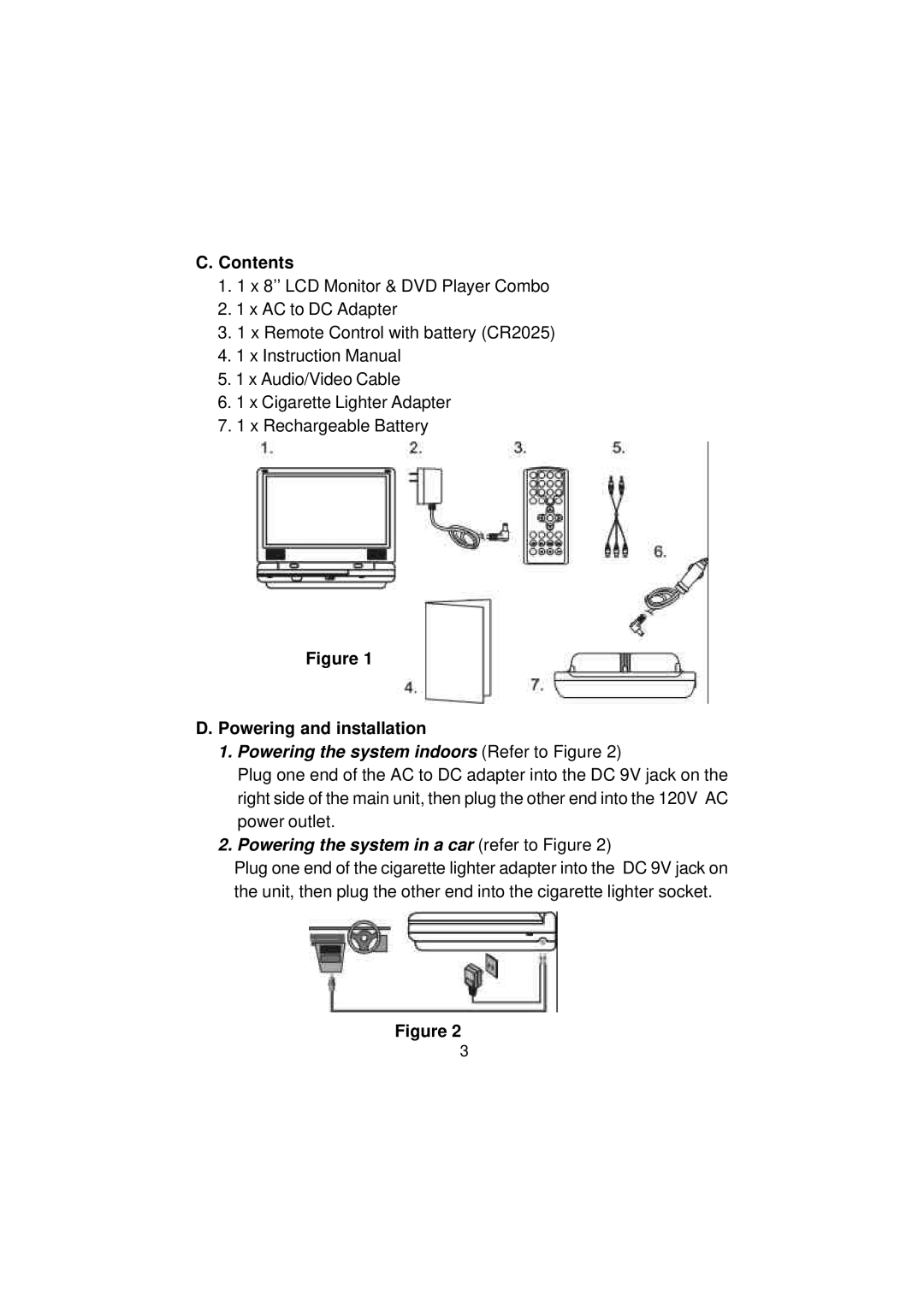 Audiovox D1812 manual Contents, Powering and installation 