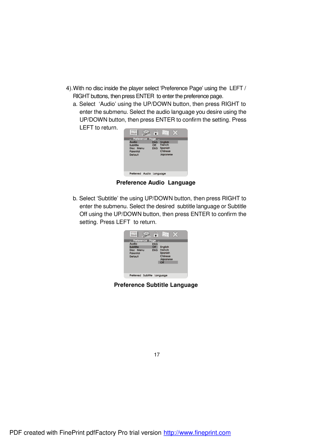 Audiovox D1812PK manual Preference Audio Language, Preference Subtitle Language 