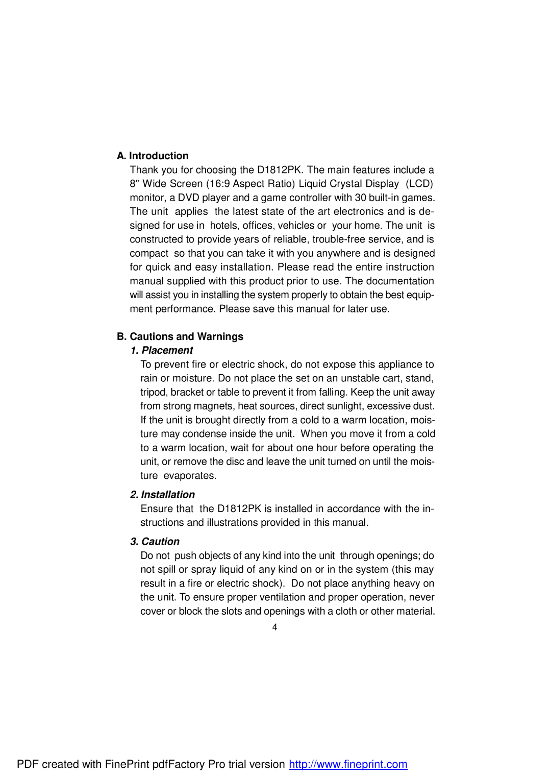 Audiovox D1812PK manual Introduction, Placement 