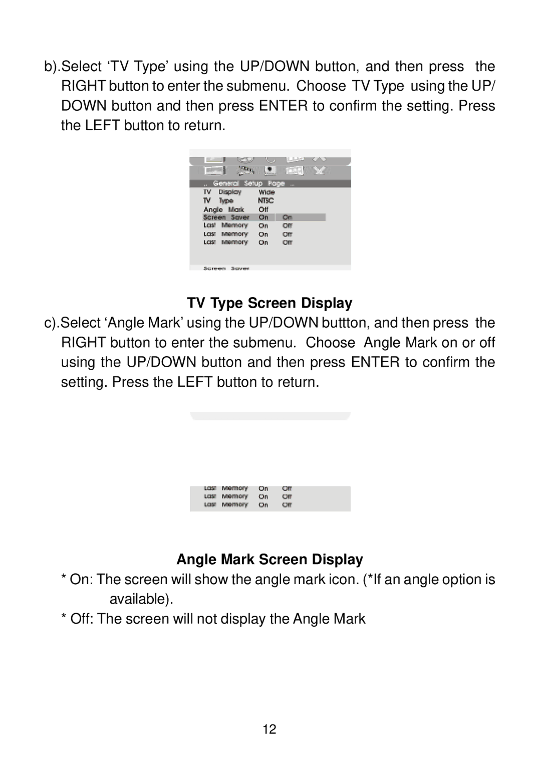 Audiovox D1812PKG manual TV Type Screen Display, Angle Mark Screen Display 