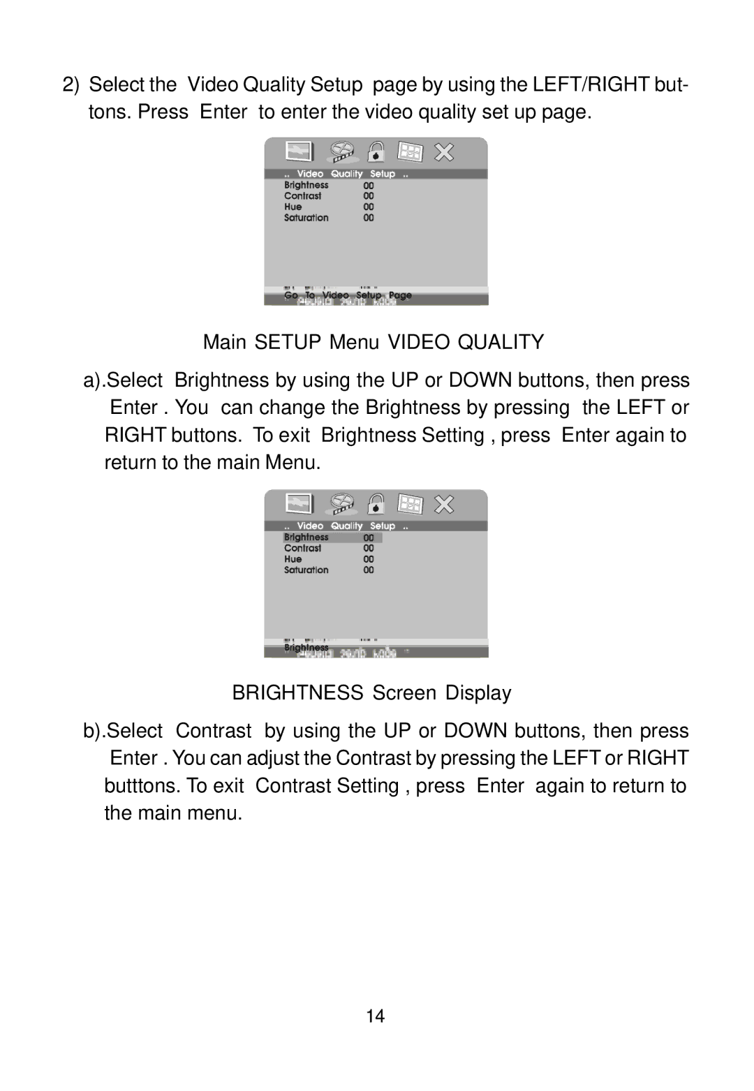 Audiovox D1812PKG manual Main Setup Menu Video Quality, Brightness Screen Display 