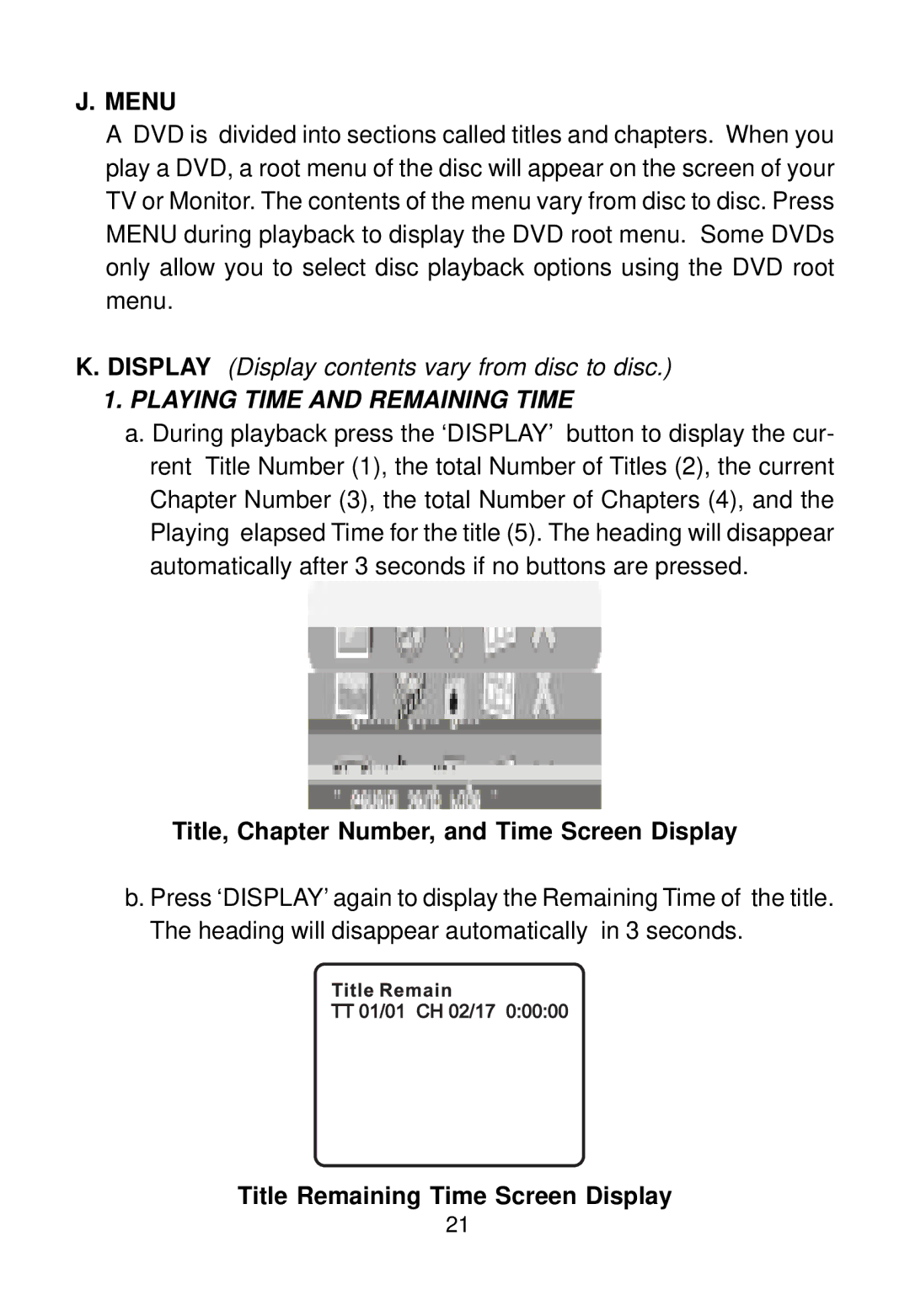 Audiovox D1812PKG manual Playing Time and Remaining Time, Title, Chapter Number, and Time Screen Display 