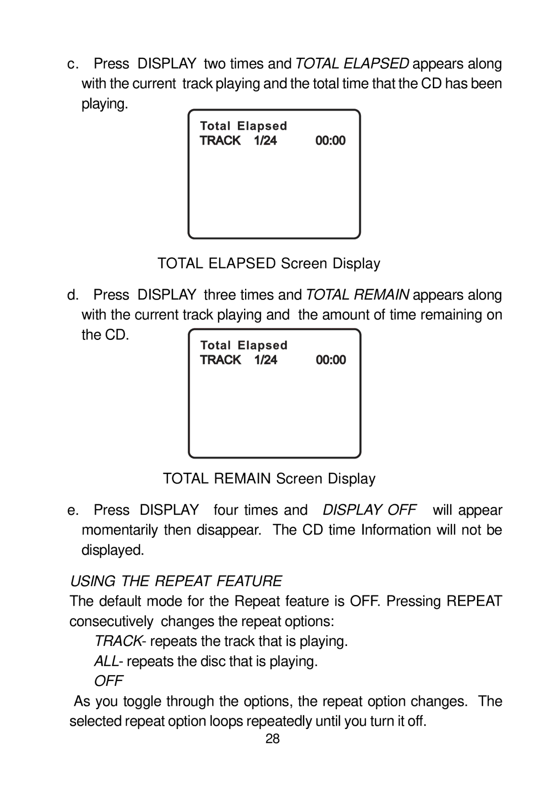 Audiovox D1812PKG manual Total Elapsed Screen Display, Total Remain Screen Display 