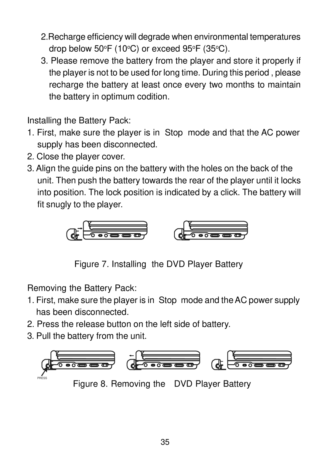 Audiovox D1812PKG manual Installing the Battery Pack, Installing the DVD Player Battery Removing the Battery Pack 