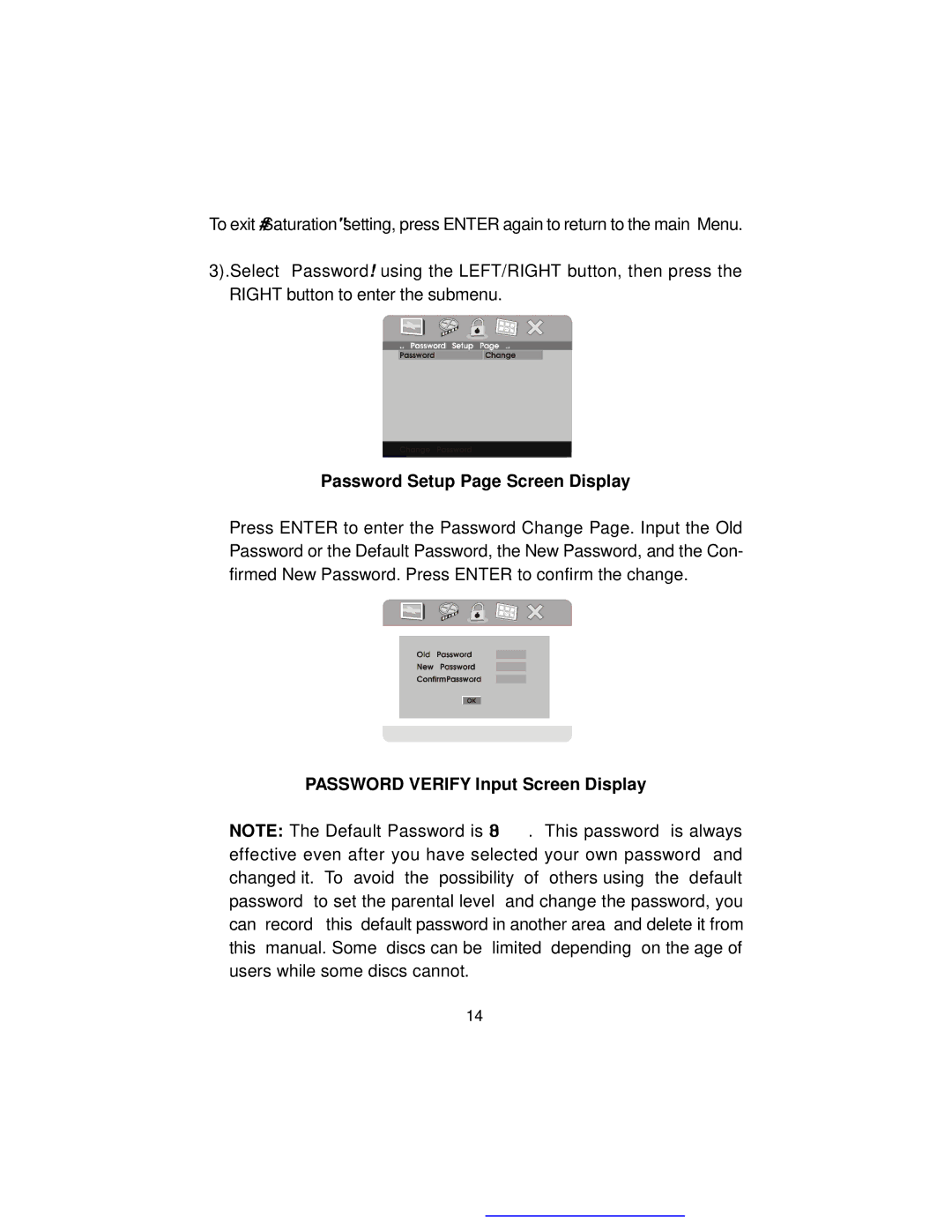 Audiovox D1817PK manual Password Setup Page Screen Display, Password Verify Input Screen Display 