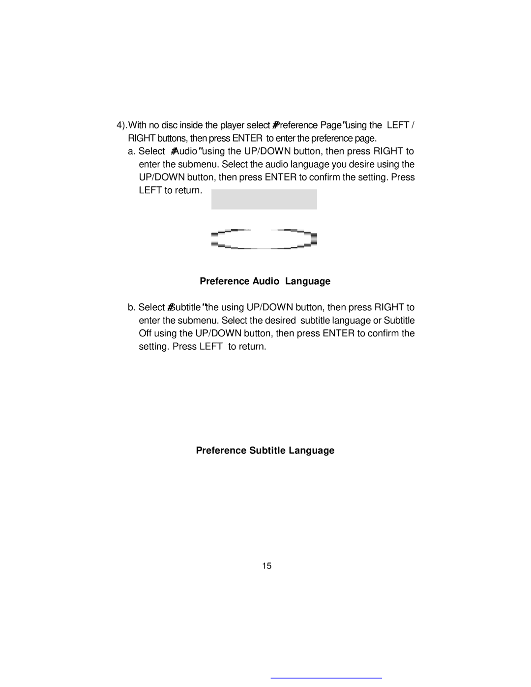 Audiovox D1817PK manual Preference Audio Language, Preference Subtitle Language 