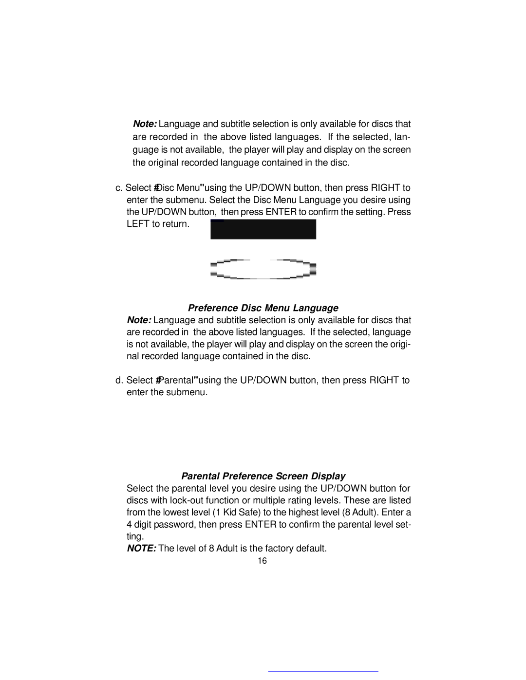 Audiovox D1817PK manual Preference Disc Menu Language, Parental Preference Screen Display 