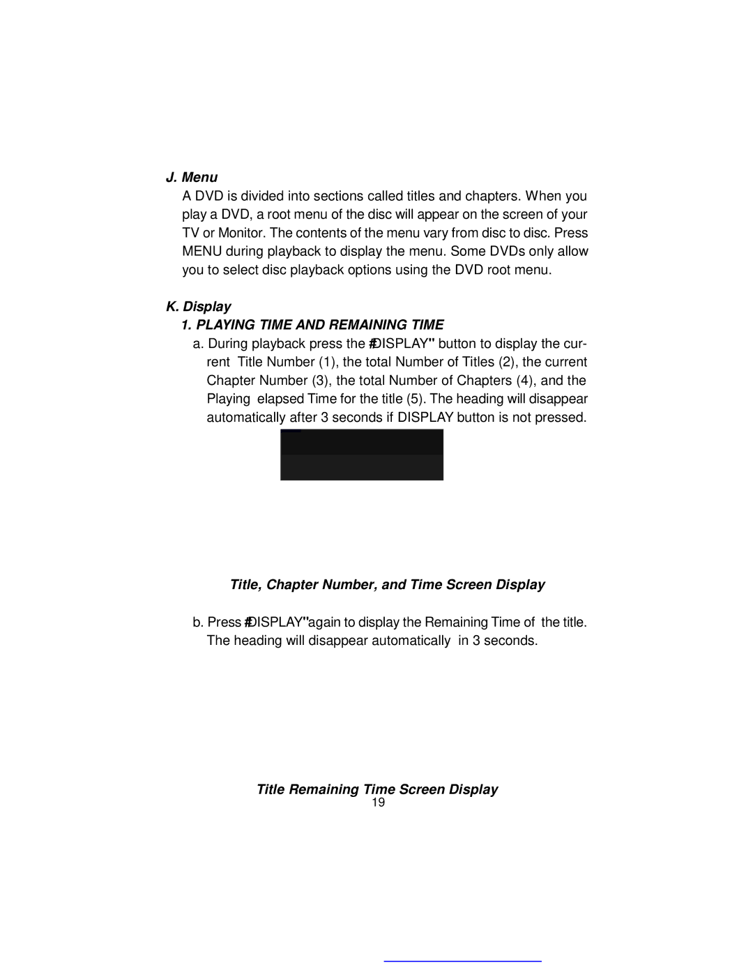 Audiovox D1817PK manual Menu, Title, Chapter Number, and Time Screen Display, Title Remaining Time Screen Display 