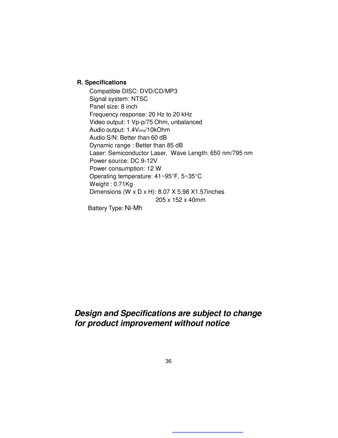 Audiovox D1817PK manual Specifications 