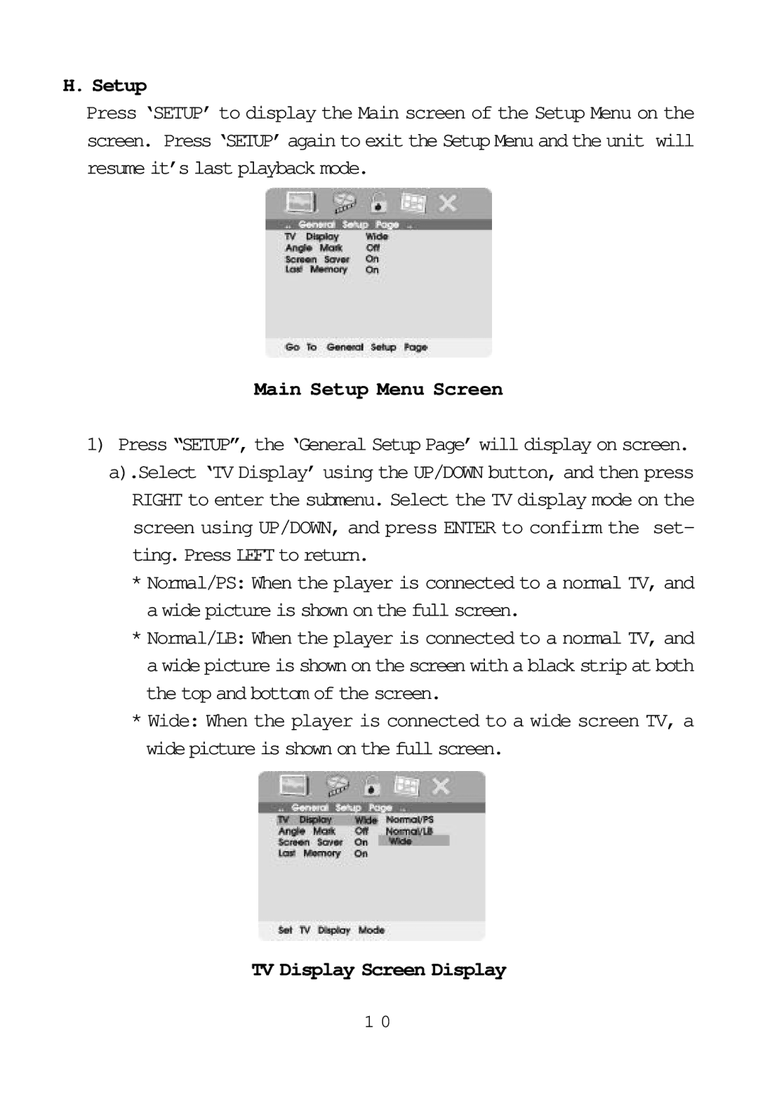 Audiovox D1817PKG manual Main Setup Menu Screen, Ting. Press Left to return, TV Display Screen Display 