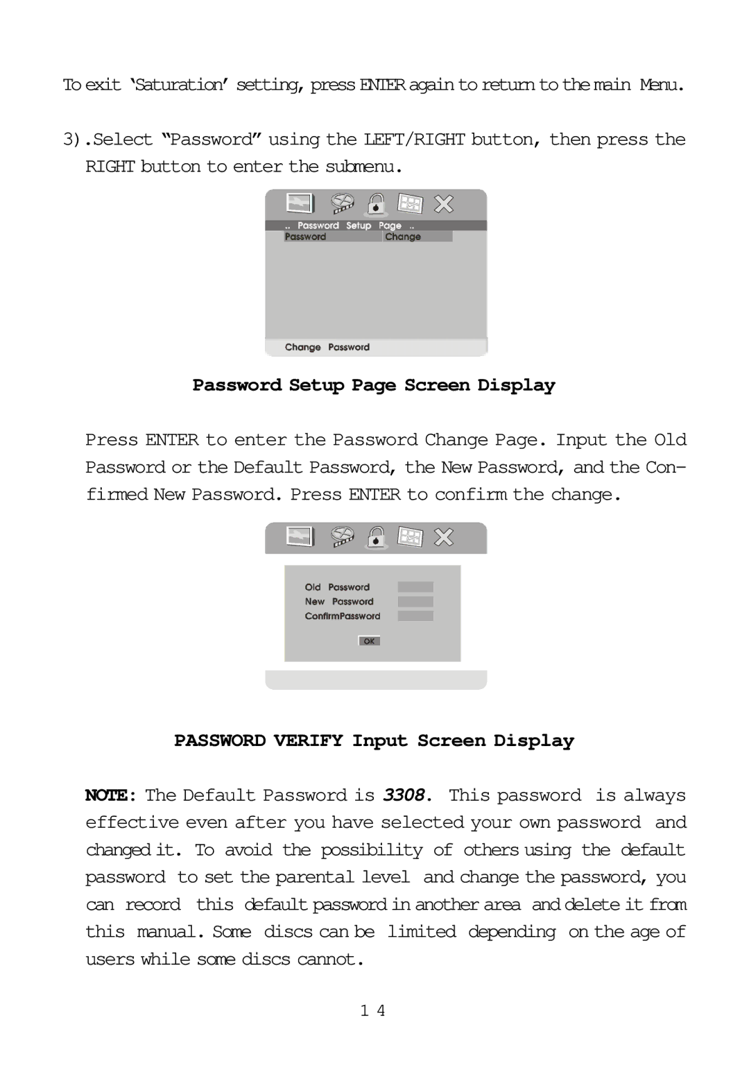 Audiovox D1817PKG manual Password Setup Page Screen Display, Password Verify Input Screen Display 