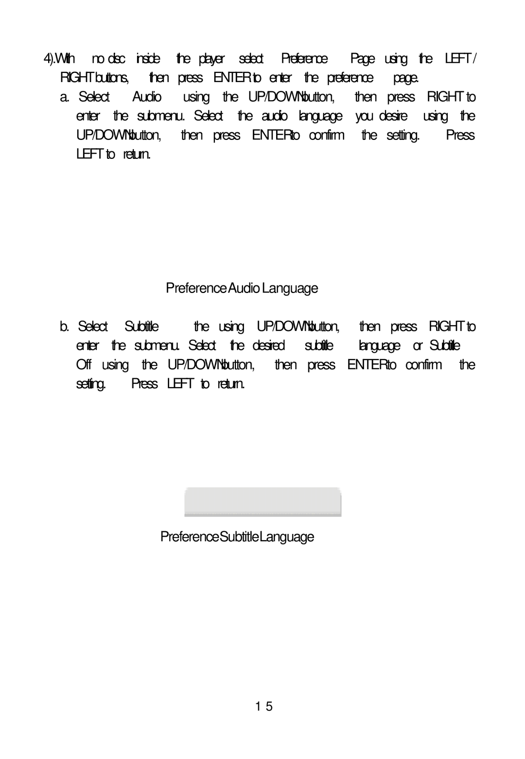 Audiovox D1817PKG manual Preference Audio Language, Preference Subtitle Language 