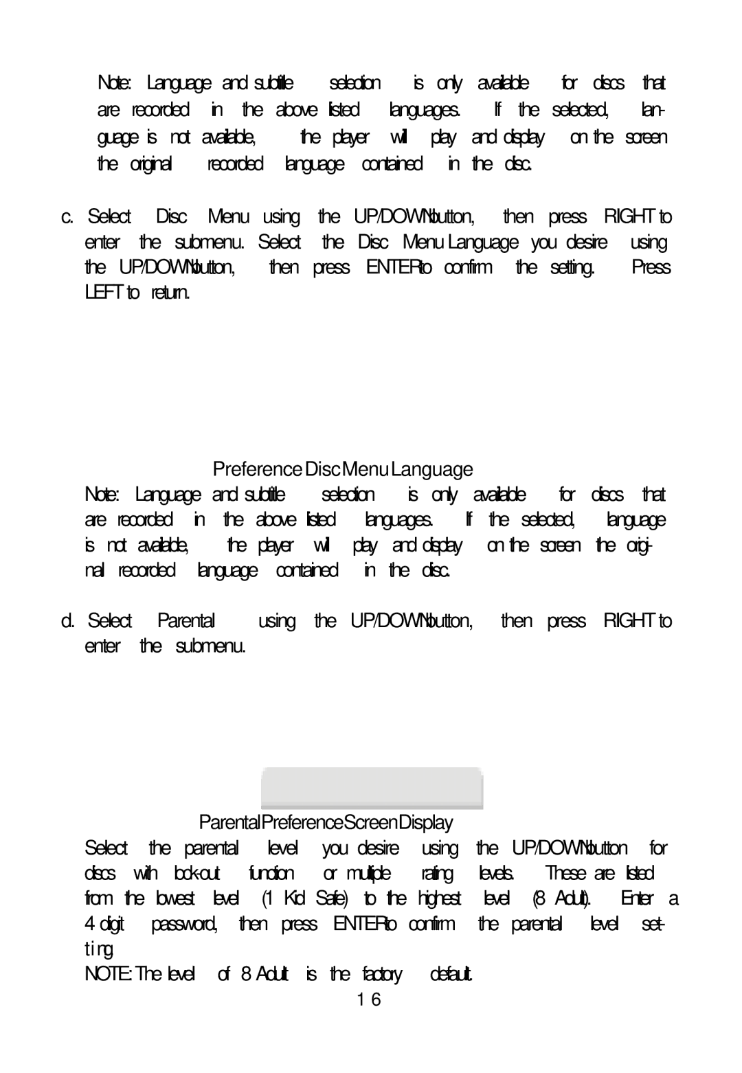 Audiovox D1817PKG manual Preference Disc Menu Language, Parental Preference Screen Display 