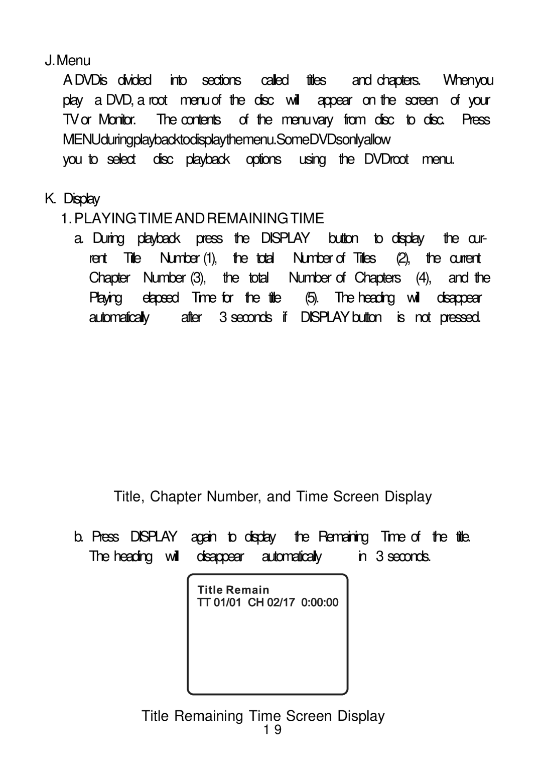 Audiovox D1817PKG manual Menu, Title, Chapter Number, and Time Screen Display, Title Remaining Time Screen Display 