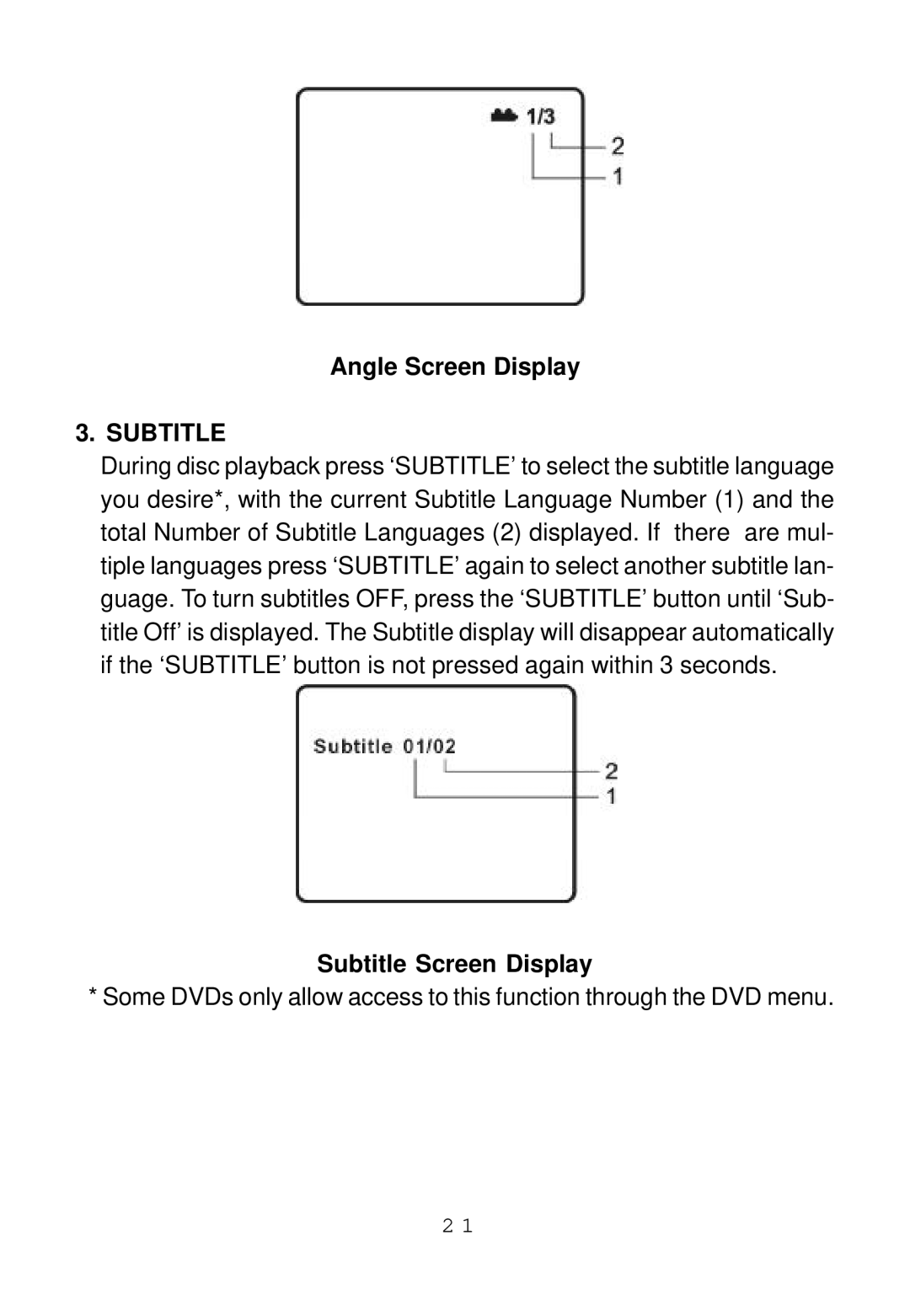 Audiovox D1817PKG manual Angle Screen Display, Subtitle Screen Display 