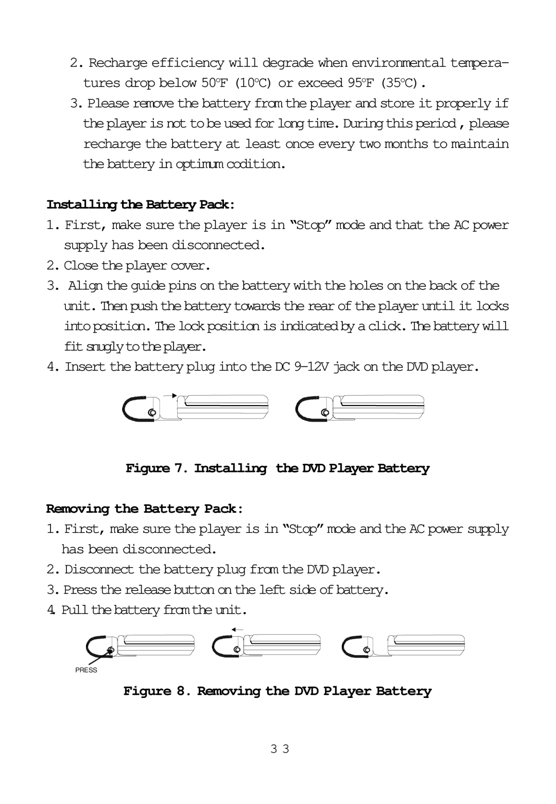 Audiovox D1817PKG manual Installing the Battery Pack, Installing the DVD Player Battery Removing the Battery Pack 