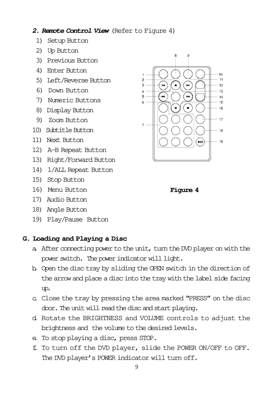 Audiovox D1817PKG manual Menu Button, Audio Button Angle Button Play/Pause Button, Loading and Playing a Disc 