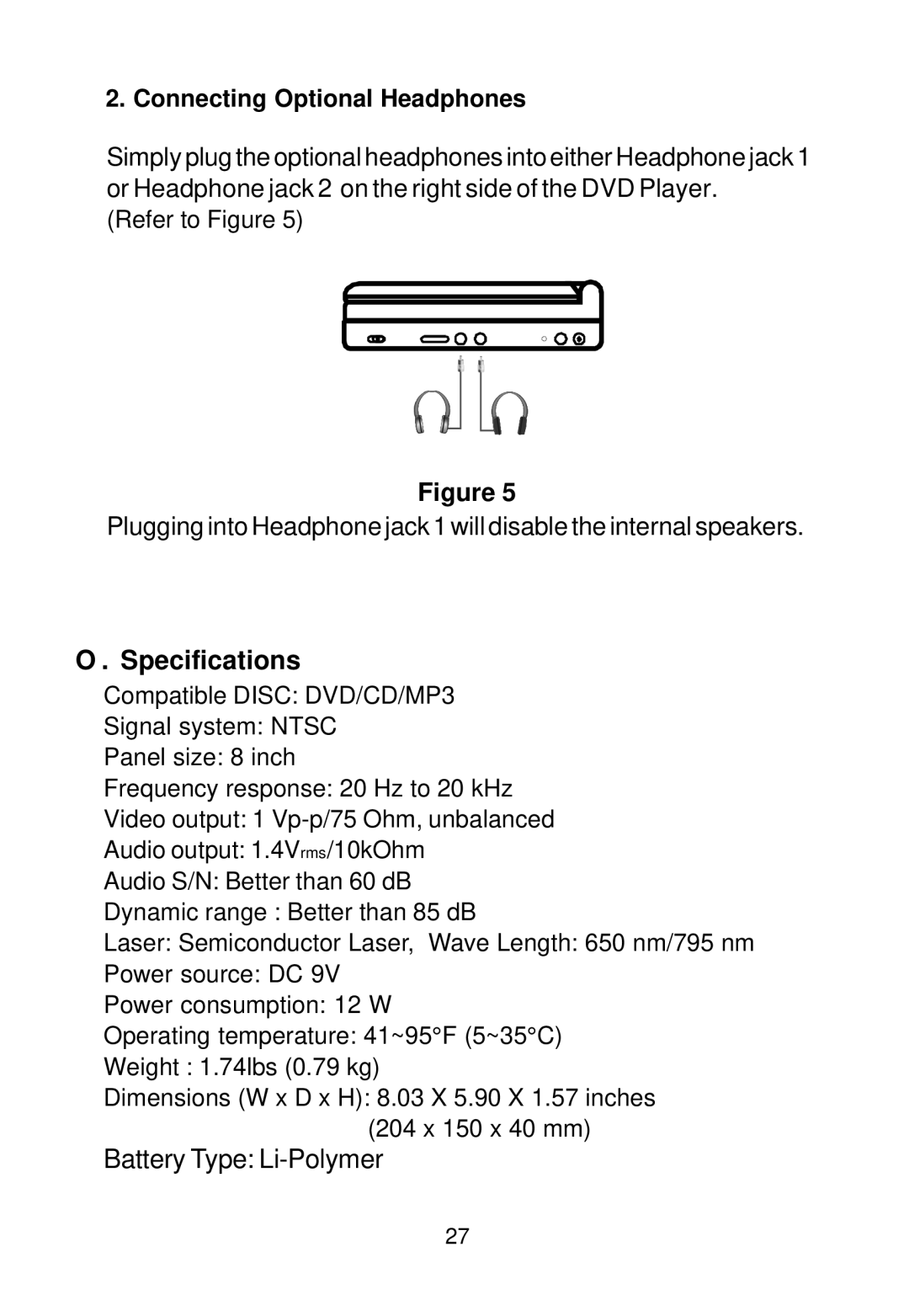 Audiovox D1888 manual Specifications, Connecting Optional Headphones 