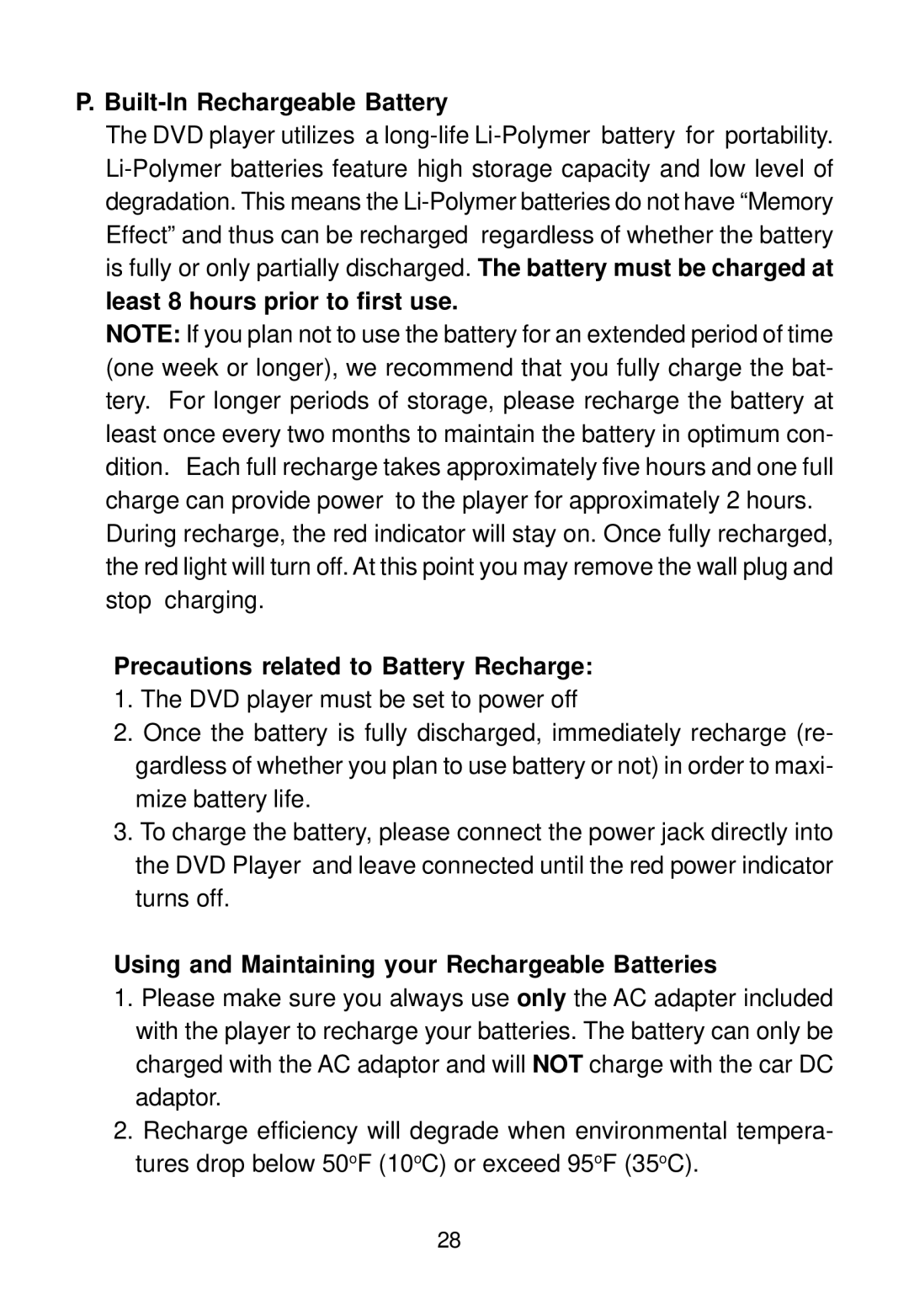 Audiovox D1888 manual Built-In Rechargeable Battery, Precautions related to Battery Recharge 