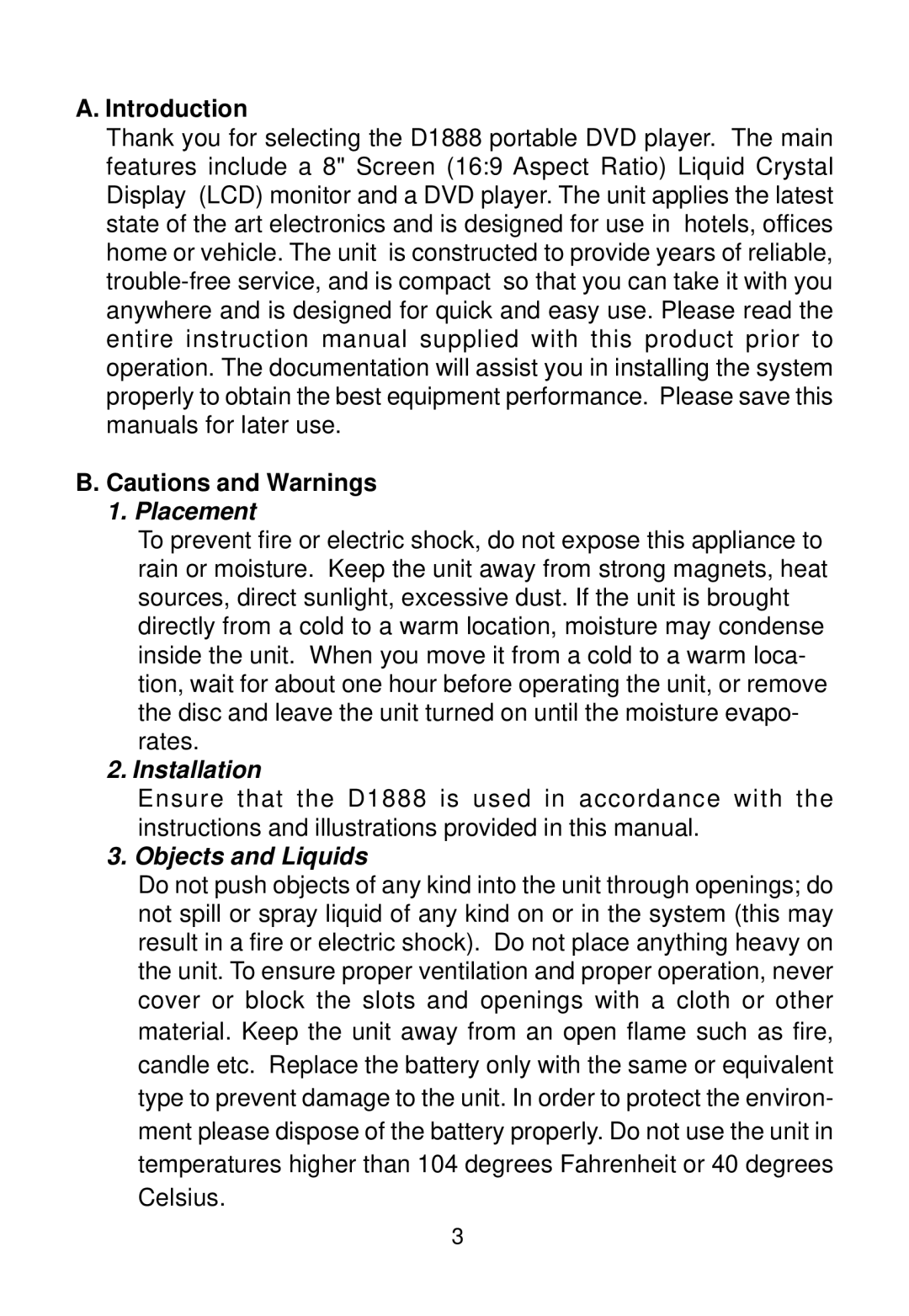 Audiovox D1888 manual Introduction, Placement 