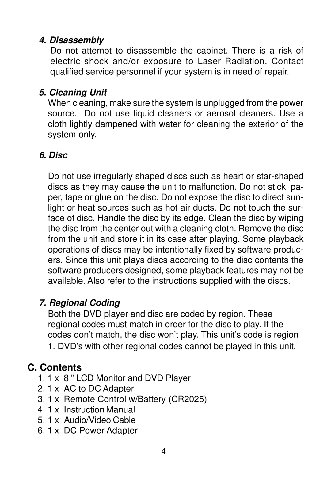 Audiovox D1888 manual Contents 