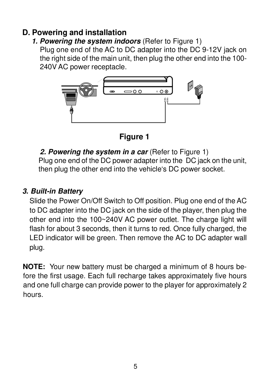 Audiovox D1888 manual Powering and installation, Powering the system indoors Refer to Figure 