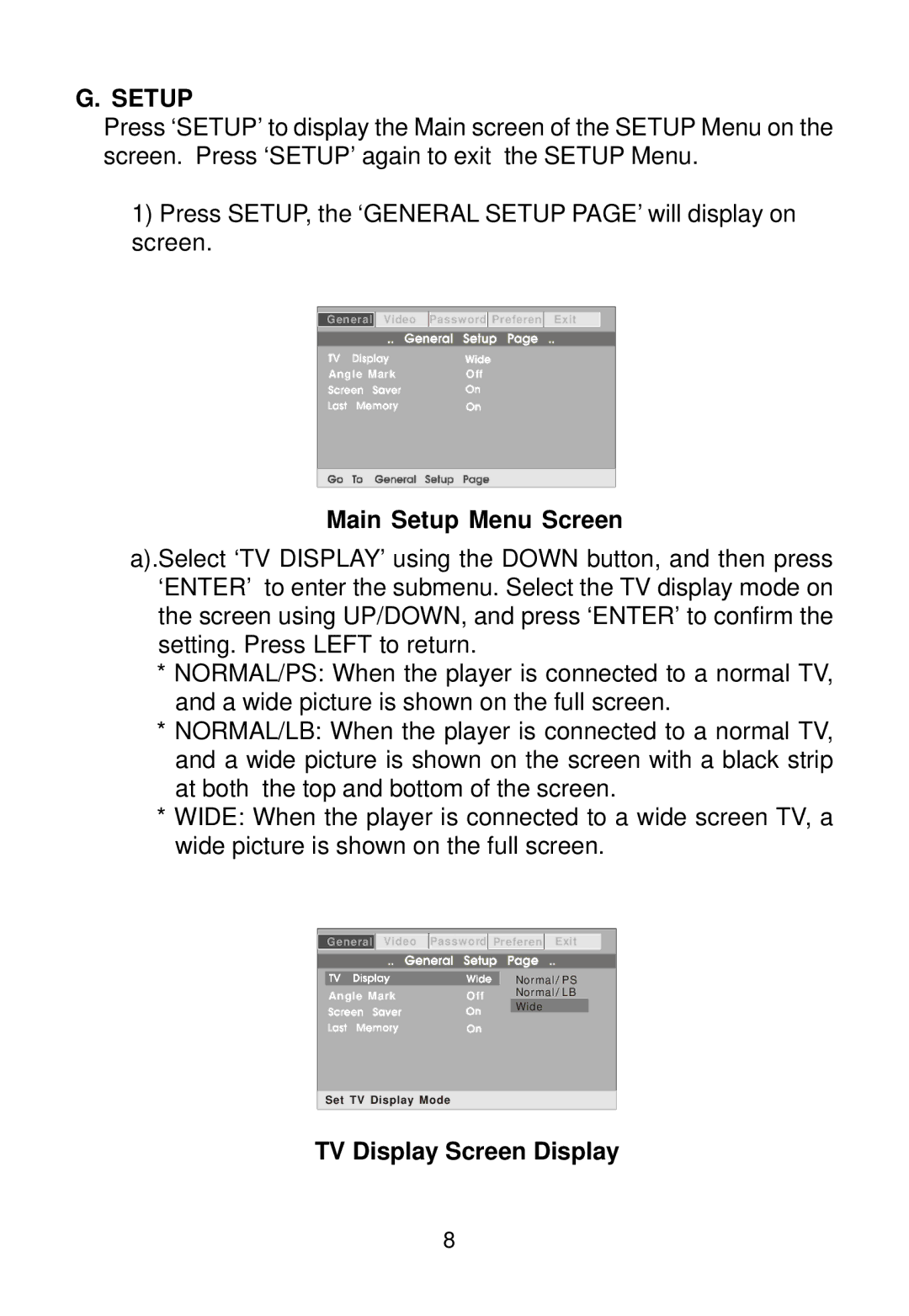 Audiovox D1888 manual Main Setup Menu Screen, TV Display Screen Display 