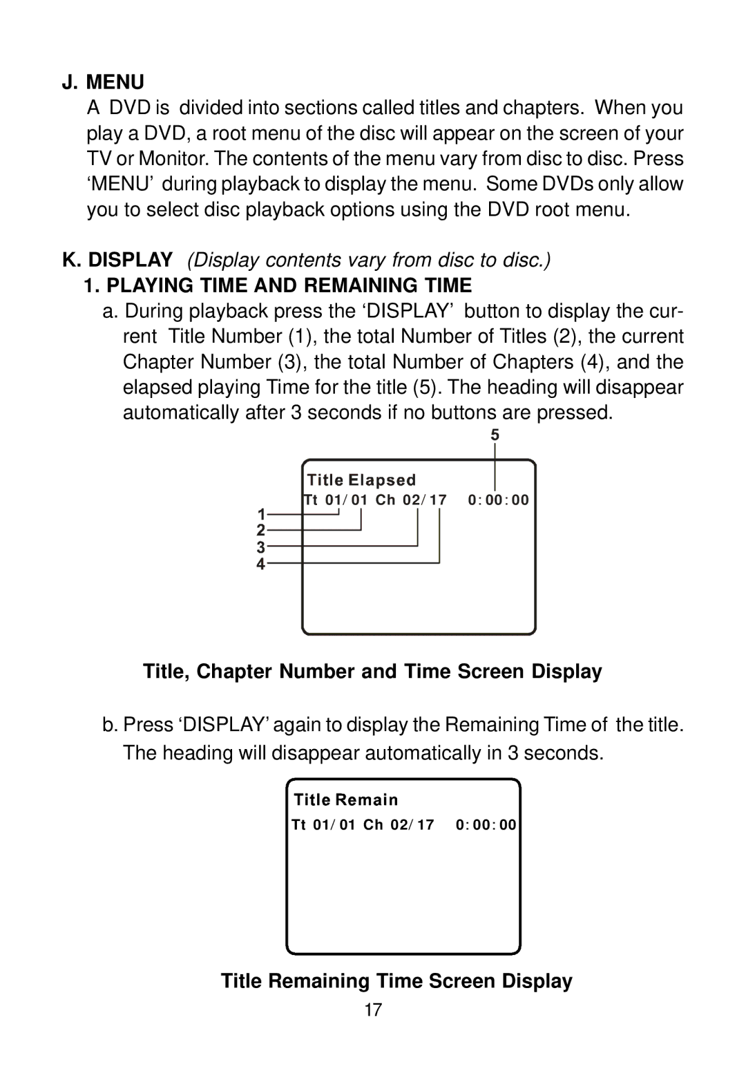 Audiovox D1888PK manual Menu, Playing Time and Remaining Time, Title, Chapter Number and Time Screen Display 