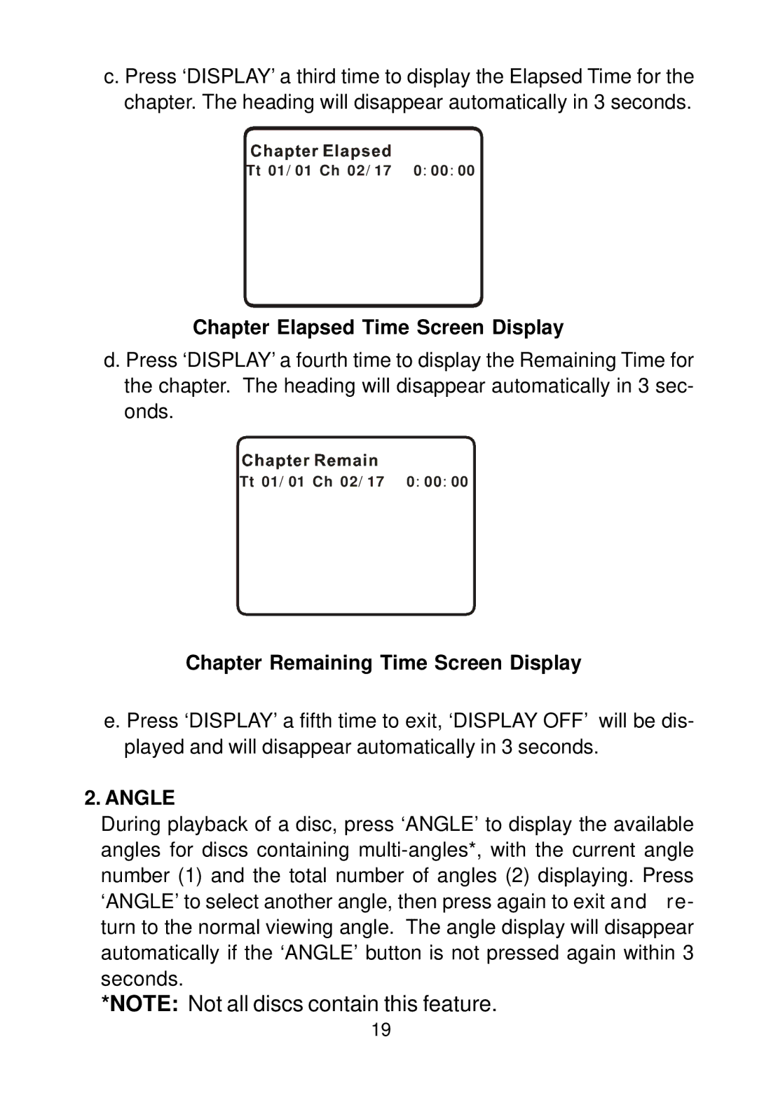 Audiovox D1888PK manual Chapter Elapsed Time Screen Display, Chapter Remaining Time Screen Display, Angle 