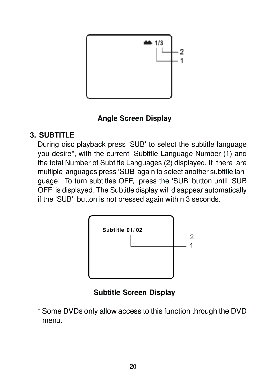 Audiovox D1888PK manual Angle Screen Display, Subtitle Screen Display 