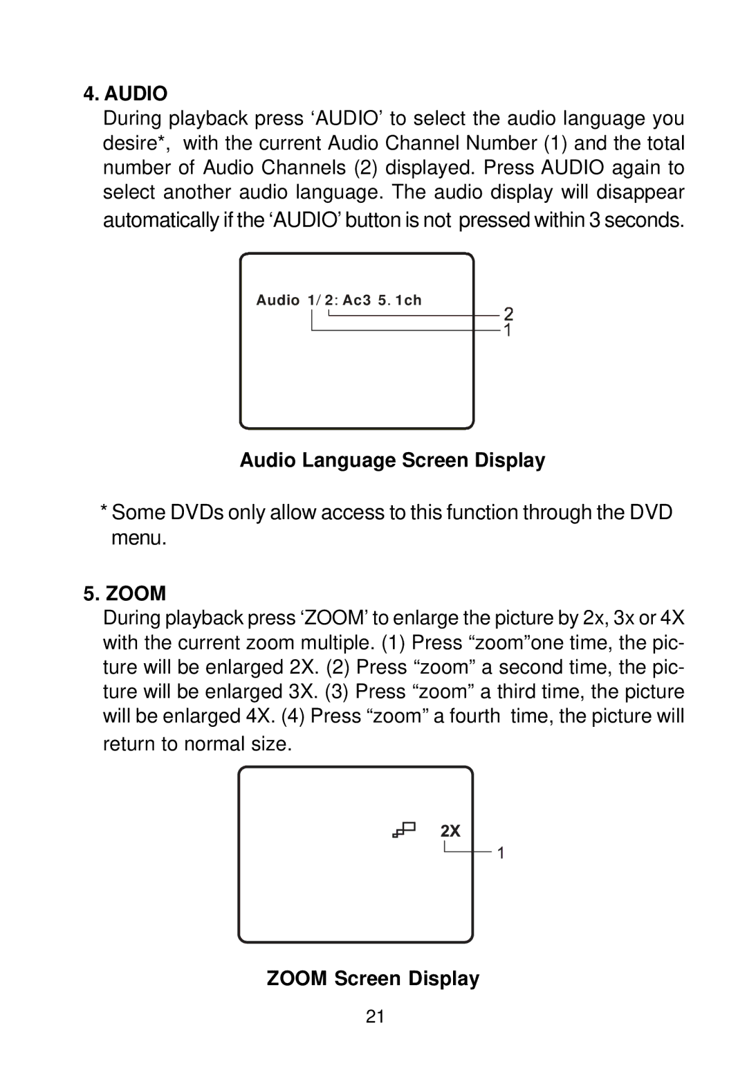 Audiovox D1888PK manual Audio Language Screen Display, Zoom Screen Display 