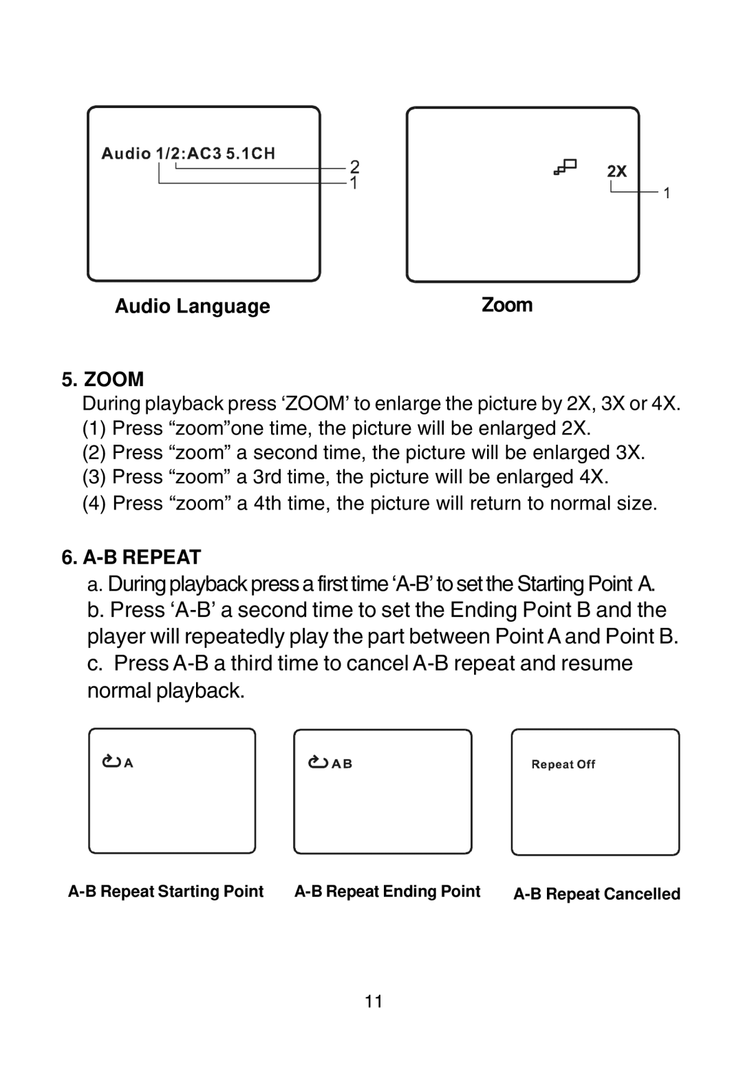 Audiovox D1915 manual Audio Language, Zoom, B Repeat 