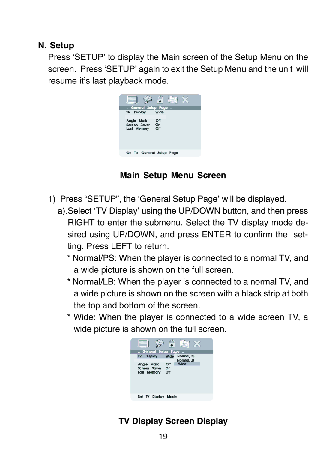 Audiovox D1915 manual Main Setup Menu Screen, TV Display Screen Display 