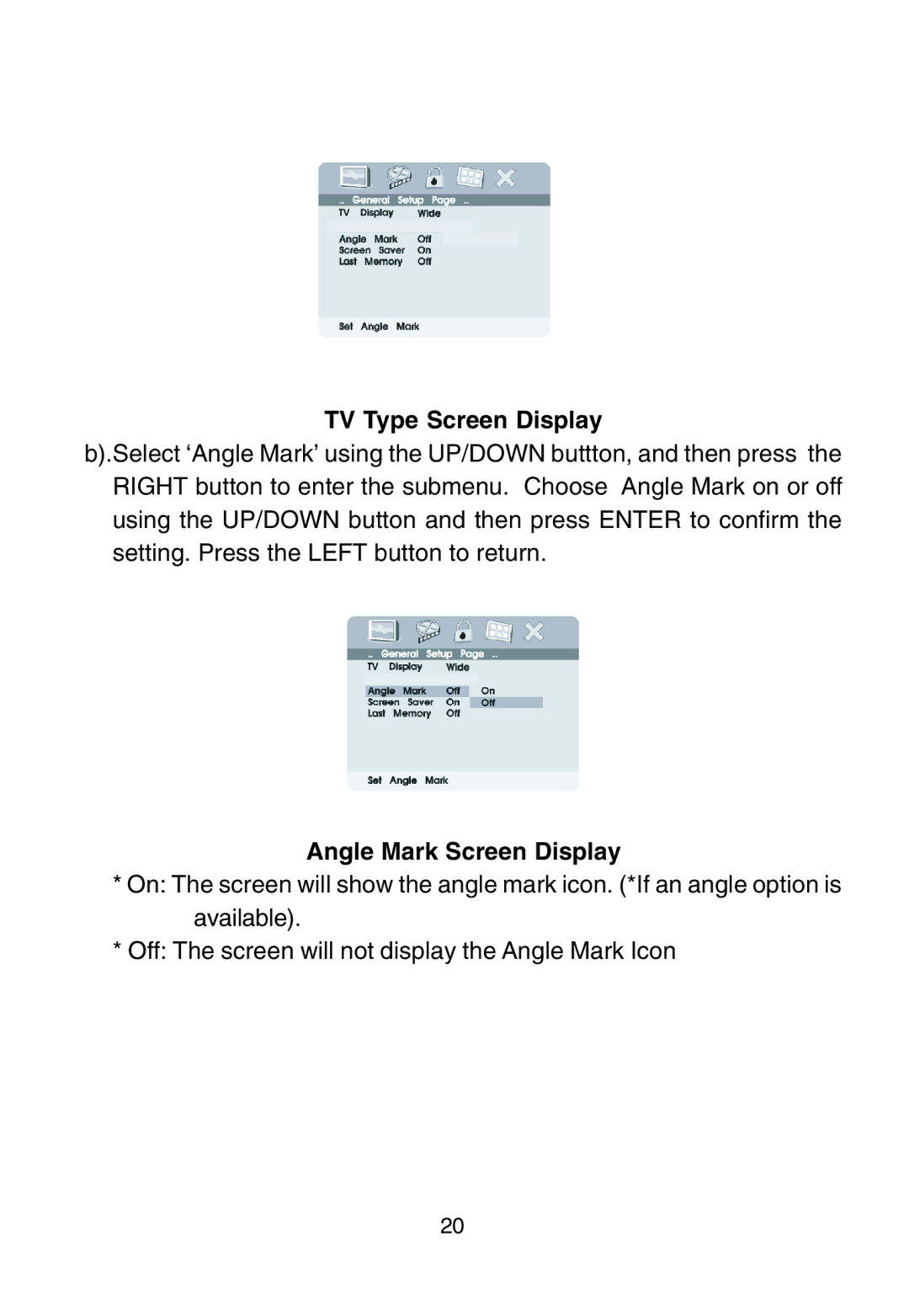 Audiovox D1915 manual TV Type Screen Display, Angle Mark Screen Display 