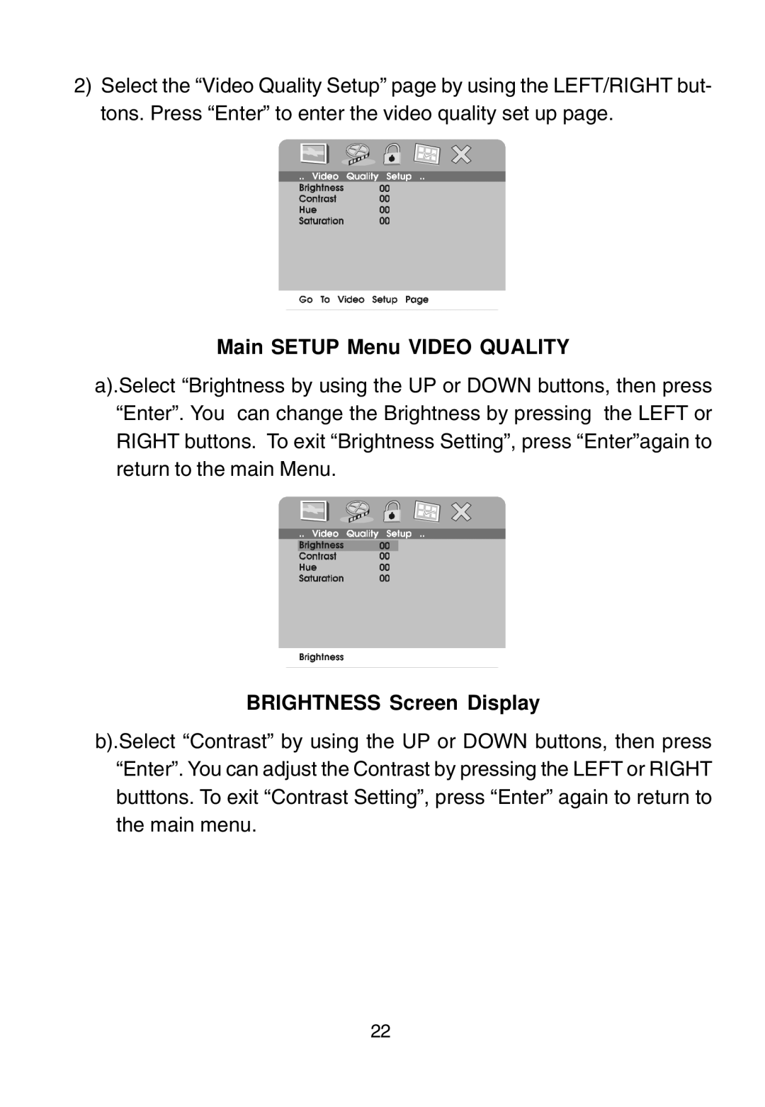 Audiovox D1915 manual Main Setup Menu Video Quality, Brightness Screen Display 